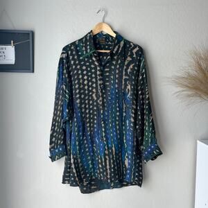 Carter Shibori Silk Abstract Tie Dye Print Long Sleeve Button Up Tunic Blouse L